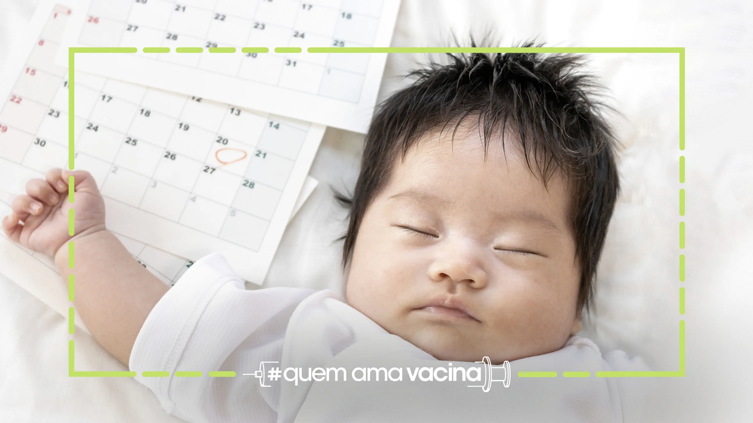 Bebê dormindo com um calendário ao lado